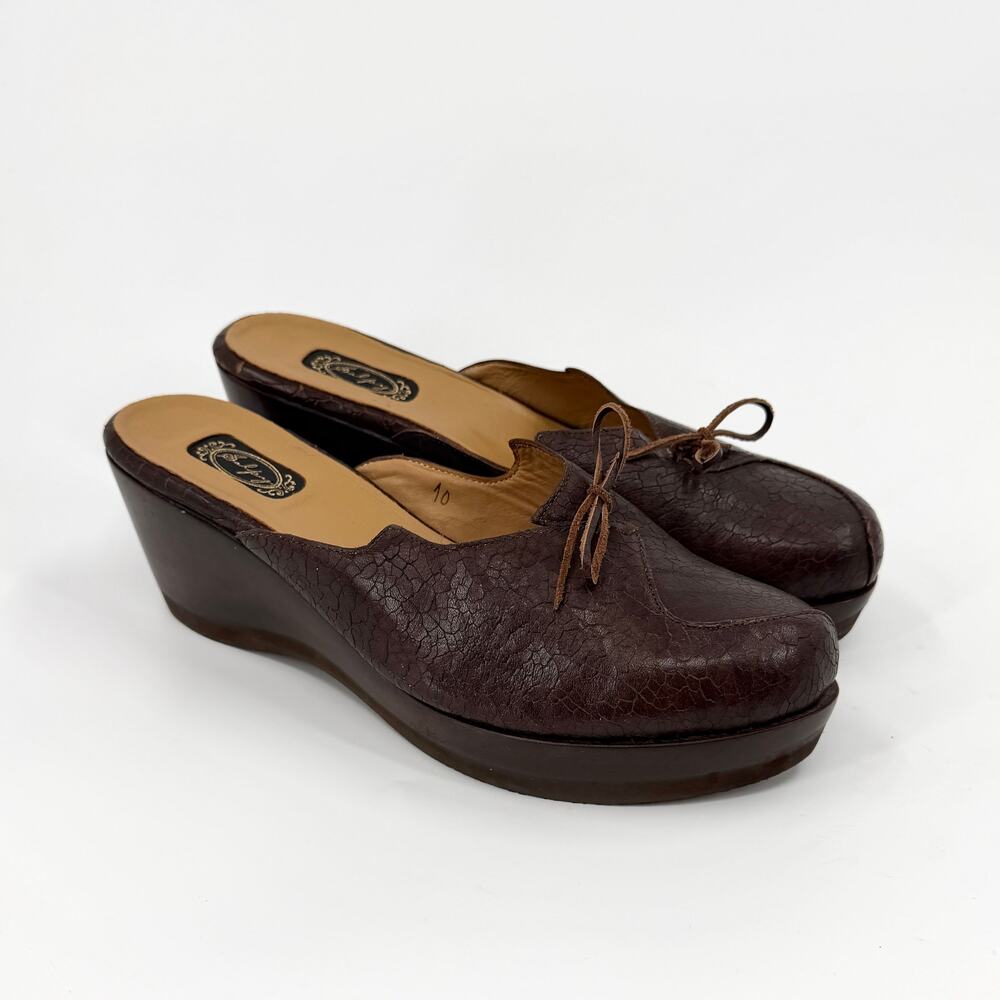 Vintage Y2K Salpy Brown Genuine Leather Wood Platform Clog Mules
